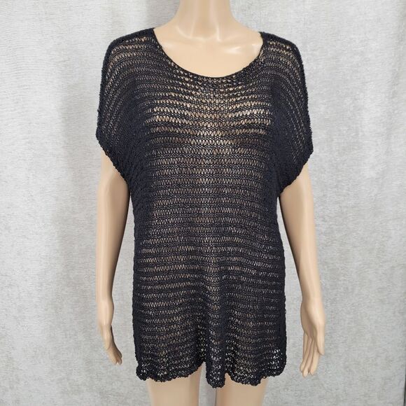 Eileen Fisher Women's Black Linen Loose Knit Scoop Neck Drop Shoulder Top Blouse - Picture 1 of 8